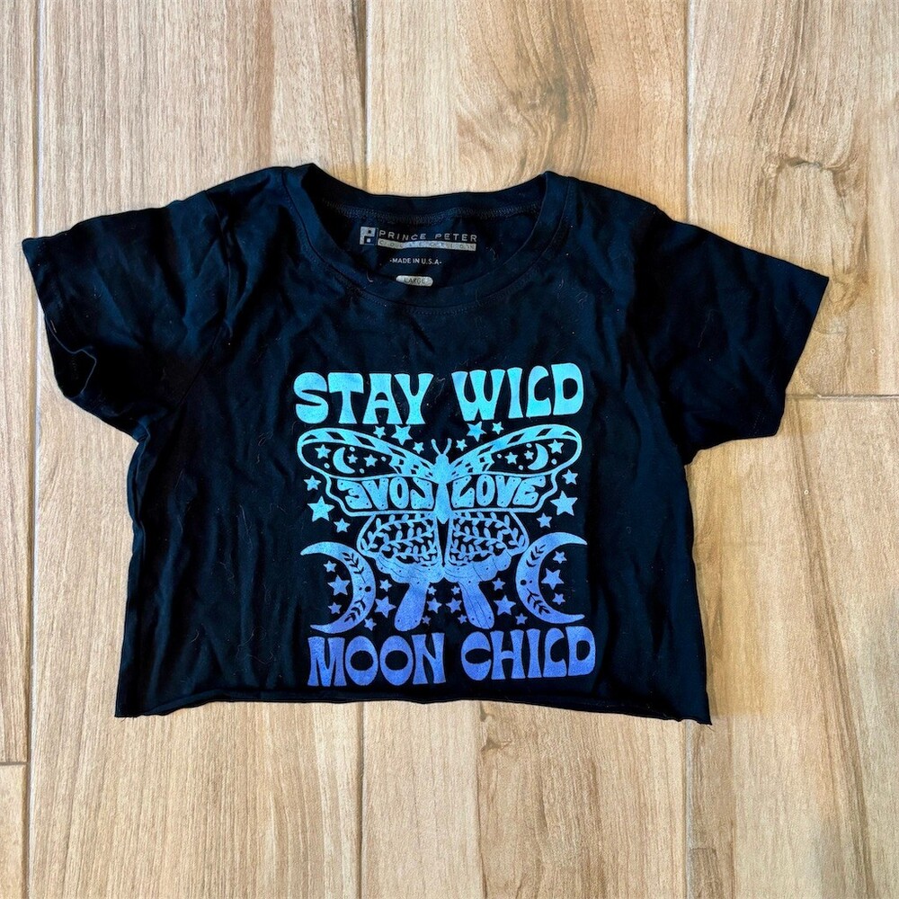 Prince Peter Collection T-Shirt Womens Size L Black Stay Wild Moon Child